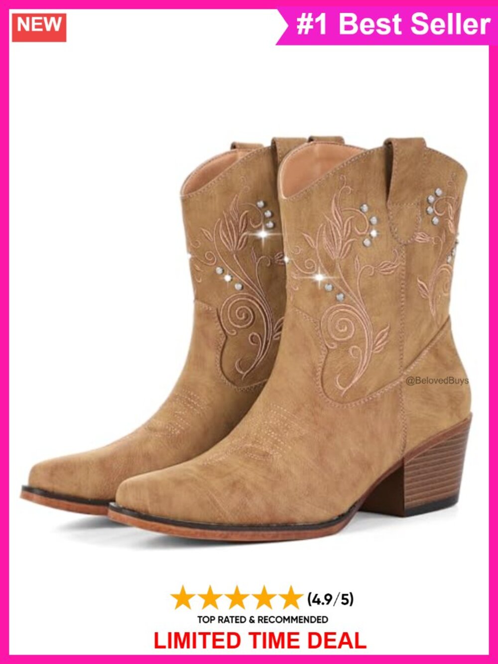 Western Ankle Cowboy Boots Faux Leather Rhinestone Embroidered Pointed Toe